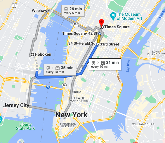 Commute time from Hoboken to Times Square is ~31 min 