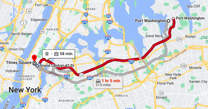 Commute time from Port Washington to Times Square is ~58 min 